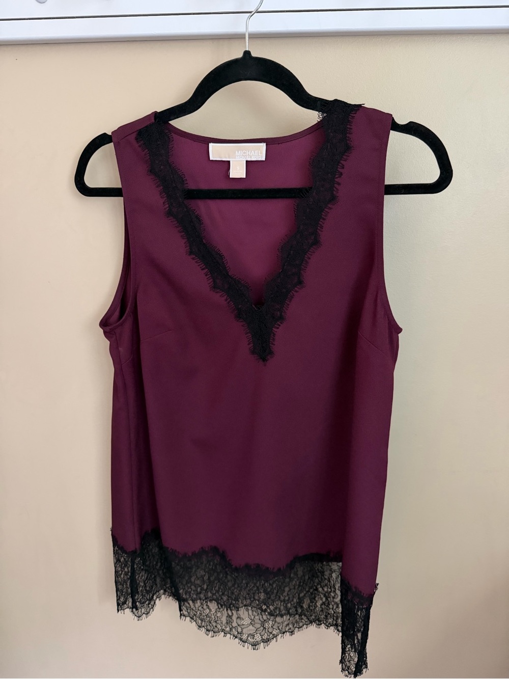 Michael Kors Plum Sleeveless Top with Black Lace Accents